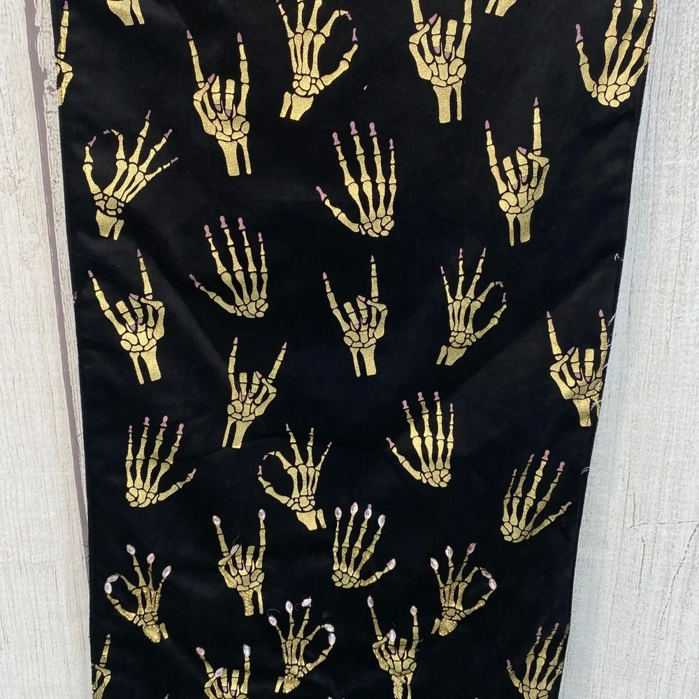 Lunaville Table Runner Black Gold Metallic Skeleton Hand Beaded Nails Halloween